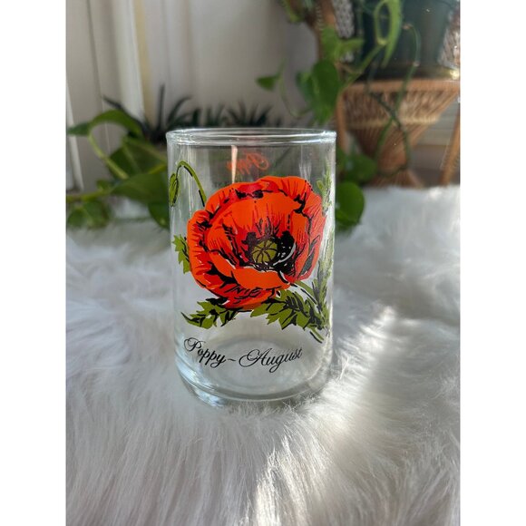 Vintage brockway flower of the month vintage glass cup - poppy august birthday - Picture 1 of 6